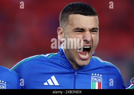 Empoli, Italien. Juni 2024. Alessandro Buongiorno von Italien schreit während des Freundschaftsspiels zwischen Italien und Bosnien und Herzegowina im Stadio Carlo Castellani am 9. Juni 2024 in Empoli, Italien. Quelle: Marco Canoniero/Alamy Live News Stockfoto