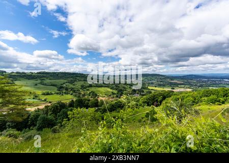 Ein Panoramablick vom Crickley Hill Country Park, Birdlip, Gloucestershire, mit Blick auf Gloucester UK. Stockfoto