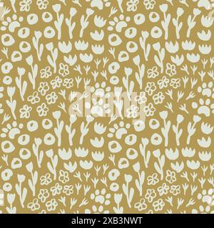 Nahtloses Blumenmuster mit Eulenvogel Spuren, Bär und Wolf Fußabdruck, Blumen auf olivem Hintergrund, Vektor-Illustration für Stoffe, Tapete, Wrappi Stock Vektor