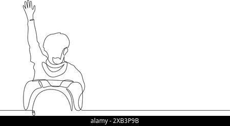 Rückseite der Schulkinder Junge hebt Hand in Klassenzimmer Vektor dünne Linie Illustration kontinuierliche Zeichnung Stock Vektor