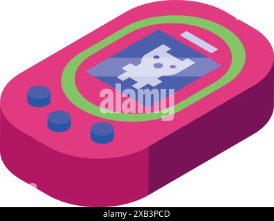Rosafarbene Handheld-Videospielkonsole mit einer pixeligen Monster-Figur auf dem Bildschirm, die Gefühle von Nostalgie weckt Stock Vektor