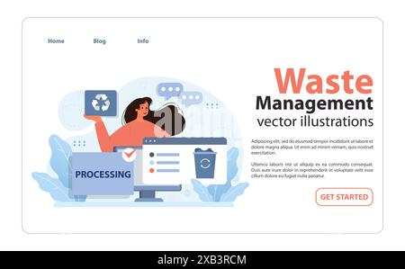 Digitale Abfallwirtschaft: Begeisterte Frau koordiniert Online-Verarbeitungs- und Recyclinginitiativen. Moderne Technik trifft auf umweltfreundliche Lösungen. Illustration des flachen Vektors. Stock Vektor