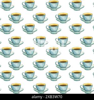 Nahtloses Aquarellmuster. Tasse Tee, handgezeichnet in blauem Aquarell. Geeignet zum Bedrucken von Textilien, Papier, Küchentextilien, Produktverpackungen Stockfoto