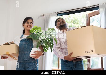 Indisches Paar zieht in neues Zuhause, trägt Kisten und Pflanze, lächelt und aufgeregt, helles und modernes Interieur, Umzug und Neuanfänge, glücklich Stockfoto