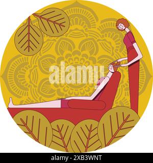 Gesichtsmassagen. Behandlungen durch professionelle Therapeutin im Spa. SPA-Design-Konzept. Isolierte Darstellung des flachen Vektors in Kreisform. Stock Vektor