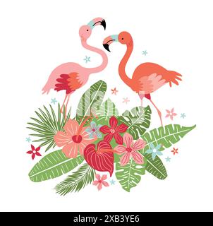 Vektor-Illustration mit rosa Flamingos und tropischen Pflanzen, Vorlage für Banner, Karten, Einladungskarten, Verkaufsportkarte T-Shirt Stock Vektor