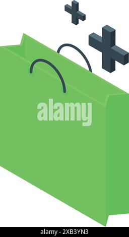 Grüne Einkaufstasche mit Pluszeichen, die über ihr schweben und das Hinzufügen von Artikeln in einen Online-Warenkorb symbolisieren Stock Vektor