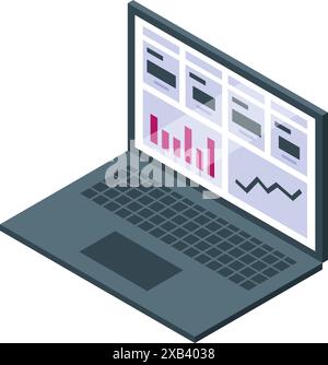 Laptop zeigt verschiedene Diagramme und Diagramme an, was darauf hindeutet, dass hochentwickelte Datenanalyse- und Business Intelligence-Tools verwendet werden Stock Vektor