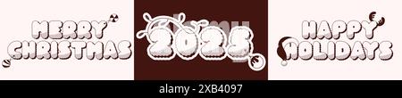 Zweifarbige frohe Weihnachten grooviges lustiges Set von Aufklebern 2025. Stock Vektor