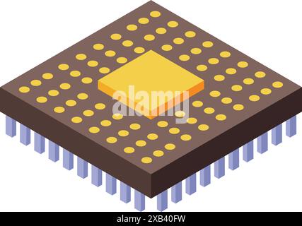 Moderner Mikrochip mit isometrischer Ansicht mit goldenen Kontakten und violetten Stiften liegt auf weißem Hintergrund Stock Vektor