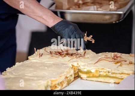 Eine Hand in einem schwarzen Handschuh ziert einen großen Rhabarberkuchen. Geringe Tiefe von feld Stockfoto