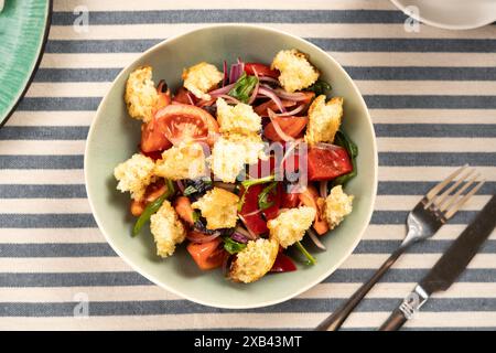 Panzanella-Salat mit Brot, Tomaten und Olivenöl auf gestreiftem Hintergrund. Stockfoto