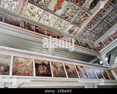 Kirchendecke, Bemalung mit biblischen Szenen, Spätgotische St.-Veit-und-St.-Michaels-Kirche, Heiligenstadt, Landkreis Bamberg, Oberfranken, Bayern, De Stockfoto