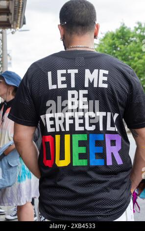 Ein anonymer schwuler Mann mit einem Wortspiel auf T-Shirt, das sagt: "Lass mich vollkommen queer sein." Bei der Poughkeepsie Ride Parade 2024 im Dutchess County. Stockfoto