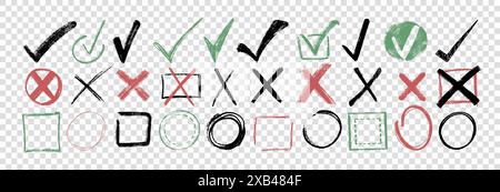 Kritzele Hand gezeichnete Kreide Häkchen gesetzt. Checklisten-Symbole, Kontrollkästchen für Skizzen, Häkchen- und Kreuzsymbole. Markierungselement für Buntstifte. Farbkorrektur oder falsche Markierungen auf transparentem Hintergrund Stock Vektor