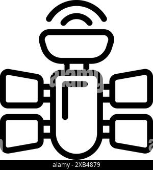 Schlichtes, fettgedrucktes Umrisssymbol, das einen Weltraumsatelliten darstellt, der die Erde umkreist und Daten überträgt Stock Vektor
