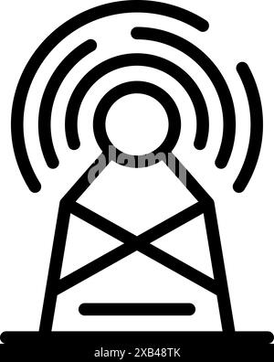 Einfaches, fettgedrucktes Liniensymbol eines Funkturms, der Signale mit Wellen überträgt, die sich nach außen erstrecken Stock Vektor
