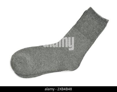 Seitenansicht grauer Wollsocken isoliert auf weiß Stockfoto