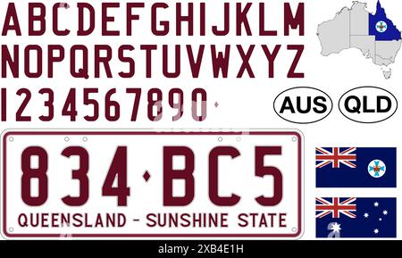 Queensland Autokennzeichen Muster, Buchstaben, Zahlen und Symbole, Vektorillustration, Australien Stock Vektor