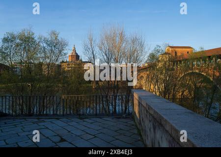 Schöne Aussicht auf Ponte Coperto (überdachte Brücke) und Duomo di Pavia (Pavia Kathedrale) in Pavia an sonnigen Tagen, Lombardei, italien. Stockfoto