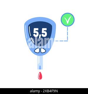 Ein Glucometer nimmt einen Tropfen Blut zur Analyse. Vektorabbildung in abgewickelter Form. Anzeigen auf dem Display. Glucosenorm. Diabetes. Stock Vektor