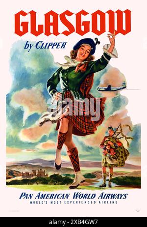 Glasgow mit Clipper, Pan American World Airways. - Vintage-Reiseposter Stockfoto