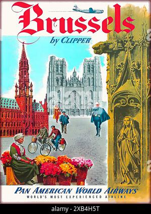 Brüssel von Clipper, Pan American World Airways – Vintage-Reiseposter Stockfoto