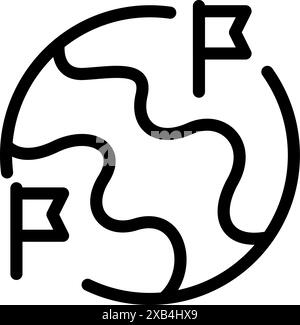 Einfache schwarz-weiße Linienzeichnung der Erde mit zwei Flaggen, die die Positionen auf der Erde markieren Stock Vektor