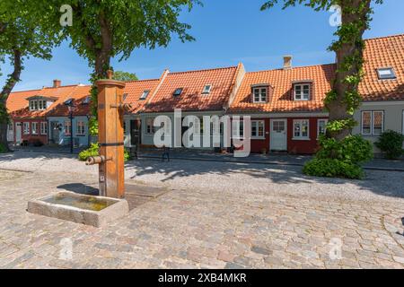 Bogense am Kattegat, Altstadt mit bunten Traufhäusern, Marktpkatz, historischem Wasserbrunnen, Handpumpe, Kopfsteinpflaster, Fyn, Insel Stockfoto