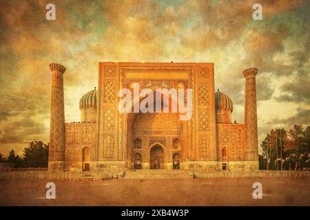 Vintage-Bild von Sher-Dor Madrasah auf dem Registan-Platz, Samarkand, Usbekistan Stockfoto