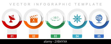 Symbolsatz für Kommunikation, verschiedene Vektorsymbole wie Satellitenantenne, Kino, 360 Grad, Schiffsrad und Kugel, modernes Design Infografik Temp Stock Vektor