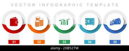 Symbolsatz für Bankgeschäfte, verschiedene Vektorsymbole wie Geldbörse, Geld, Diagramm und sichere Infografik-Vorlage in modernem Design, Web-Schaltflächen in 5-Farboptionen Stock Vektor