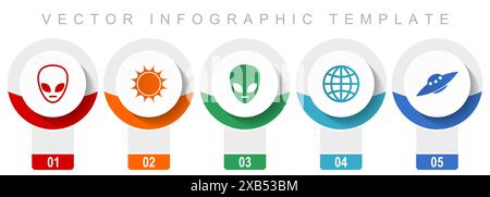 Alien-Symbolset, verschiedene Vektorsymbole wie Stern, ufo, Raumschiff und Globus, Infografik-Vorlage mit modernem Design, Web-Schaltflächen in 5 Farboptionen Stock Vektor