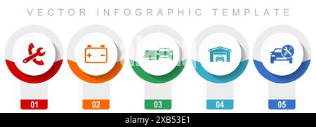 Symbolsatz für Autoservice, verschiedene Vektorsymbole wie Werkzeuge, Werkstatt, Batterie und erneuerbare Energien, Infografik-Vorlage für modernes Design, Web-Schaltfläche Stock Vektor