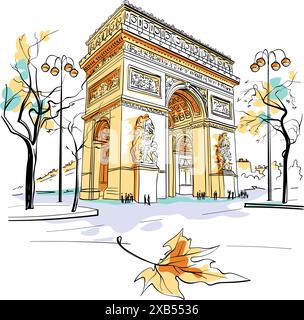 Illustration des Triumphbogens in Paris, Frankreich, mit Schnitzereien und umliegenden Bäumen Stock Vektor