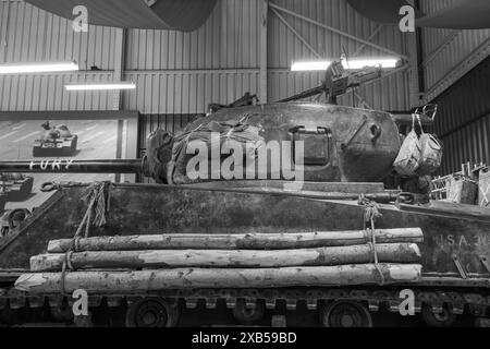 Bovington.Dorset.Vereinigtes Königreich.25. Februar 2024.der Sherman M4A2 Panzer aus dem Film (Fury) ist im Tank Museum in Dorset zu sehen Stockfoto