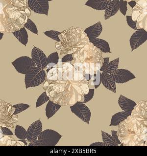 Nahtloses Luxus Half Drop Muster von Champagner Khaki und Gold Outline Rosen und graue Blätter auf Khaki Beige Hintergrund. Ideal für Textilien, Oberflächen, Tapeten, Geschenkpapiere, Stoffe, Ausdrucke. Stock Vektor