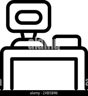 Minimalistisches Symbol eines Computers, der auf einem Schreibtisch sitzt und wichtige Daten anzeigt Stock Vektor