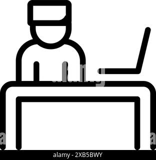 Zeilenart-Symbol eines Rezeptionisten, der an einem Laptop hinter einem Schreibtisch arbeitet Stock Vektor
