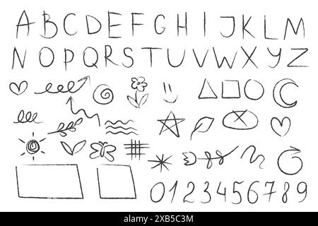 Großer Satz Kohle-, Kreide- oder Wachsstift auf Papier. Buchstabe, Zahl, Zeichnung Stock Vektor