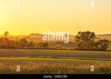 Bauernhof und Felder und Bäume bei Sonnenuntergang im Nordosten von Iowa im späten Frühling Stockfoto