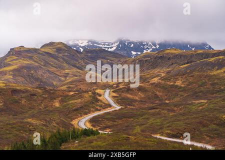 Straße durch eine vulkanische Landschaft Islands, aus der Vogelperspektive, flackiger Schnee, gelbes Gras, bewölkter Himmel. Stockfoto