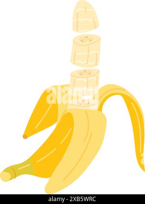 Frisch geschält und in Stücke geschnitten, fliegt Banane in der Luft. Handgezeichnetes flaches Stück frische Banane isoliert auf Transparent. Exotische tropische Früchte, gesundes vegetarisches Essen. Vektorabbildung. Stock Vektor