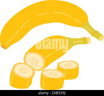 Frische Banane ganz und in Scheiben geschnitten, isoliert auf transparentem Hintergrund. Gelbe tropische Früchte, Bananensnack, gesunde vegetarische und biologische Lebensmittel. Handgezeichneter trendiger flacher Stil. Abbildung des Vektorsatzes Stock Vektor