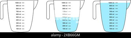 Set aus leeren und mit Wasser gefüllten Messbechern mit 1 Liter Volumen. Flüssigkeitsbehälter zum Kochen mit Flüssigkeitsskala, isoliert auf weißem Hintergrund. Illustration der Vektorabwicklung. Stock Vektor