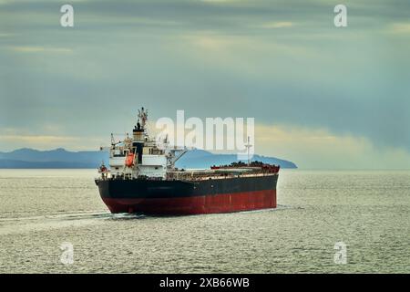 Frachter auf den Gulf Islands BC. Ein internationaler Frachter, der die Gulf Islands zwischen Vancouver und Victoria in British Columbia durchquert. Stockfoto