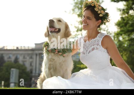 Braut und bezaubernder Golden Retriever tragen einen Kranz aus wunderschönen Blumen auf grünem Gras im Freien Stockfoto