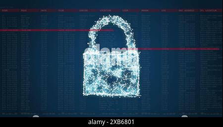 Digitales Schlosssymbol aus leuchtenden Partikeln mit roten Linien, die sich kreuzen Stockfoto