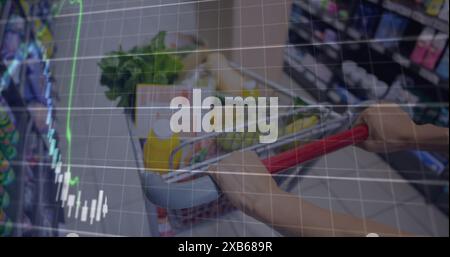 Person, die in einem Supermarkt einen Einkaufswagen mit Lebensmitteln schiebt Stockfoto