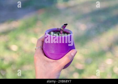 Frau Hand mit Yerba Mate mit Bokeh Hintergrund Stockfoto